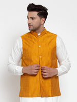 Thumbnail for Jompers Men's Yellow Woven Design Nehru Jacket