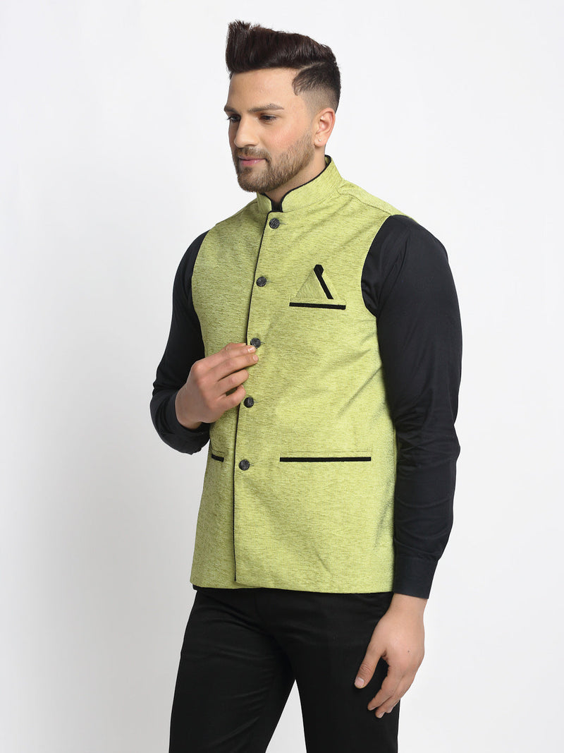Jompers Men&#39;s Green Solid Nehru Jacket with Square Pocket