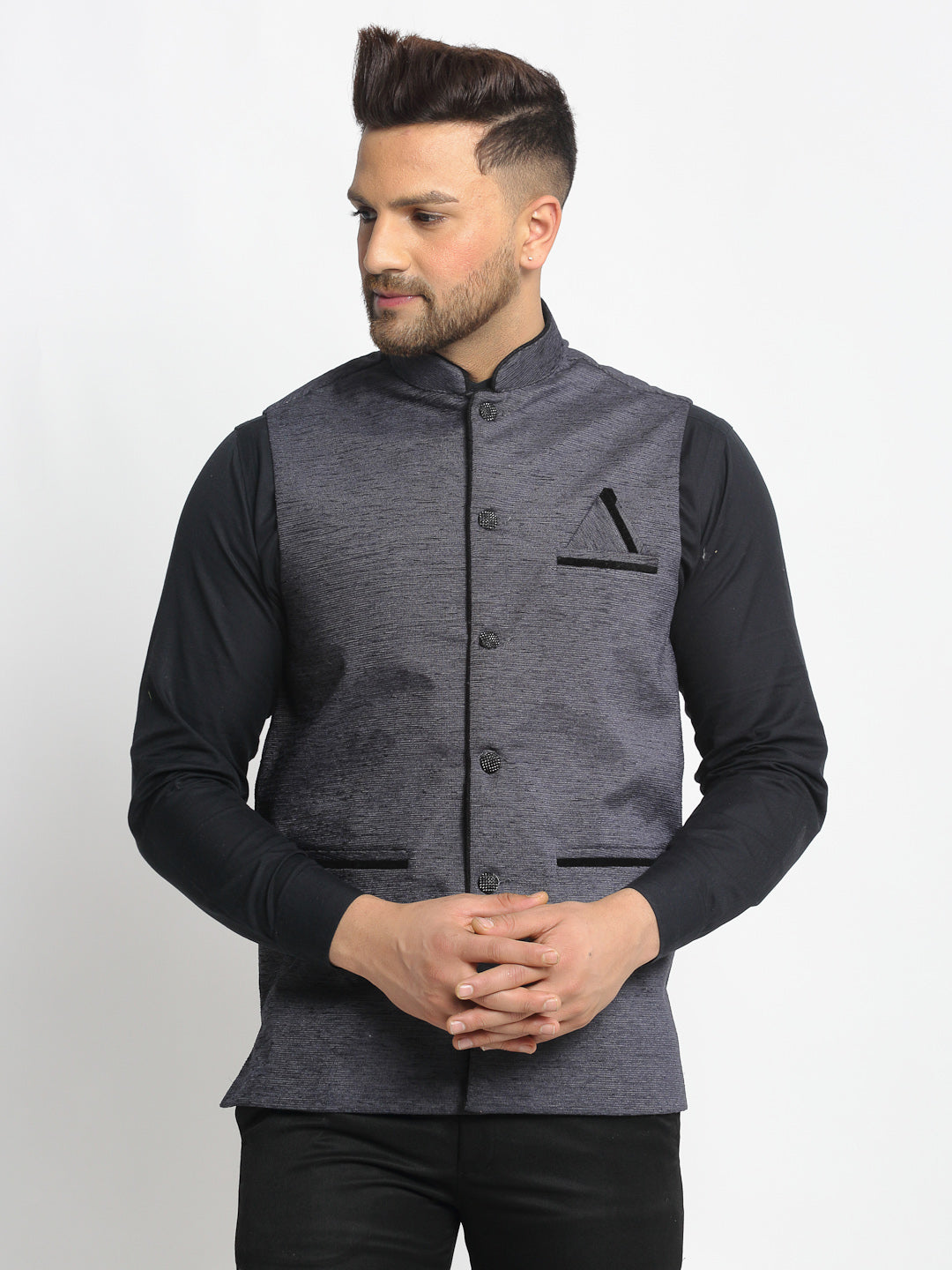 Jompers Men's Grey Solid Nehru Jacket with Square Pocket