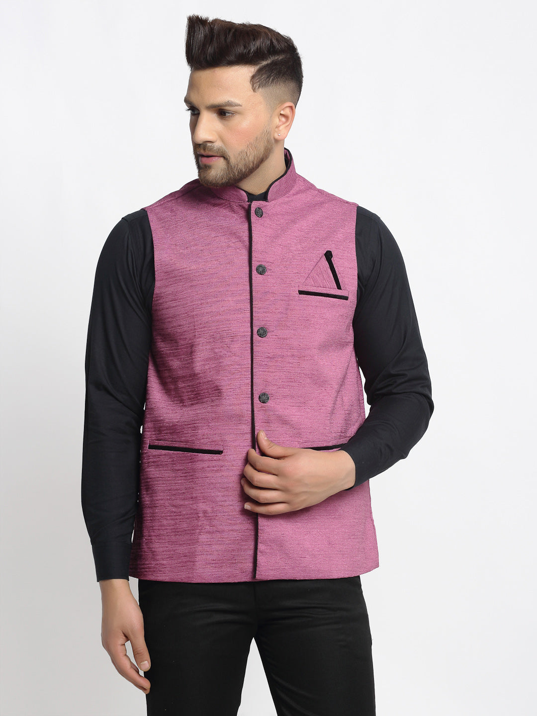Jompers Men's Purple Solid Nehru Jacket with Square Pocket