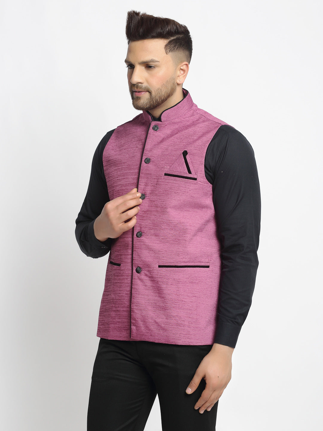 Jompers Men's Purple Solid Nehru Jacket with Square Pocket