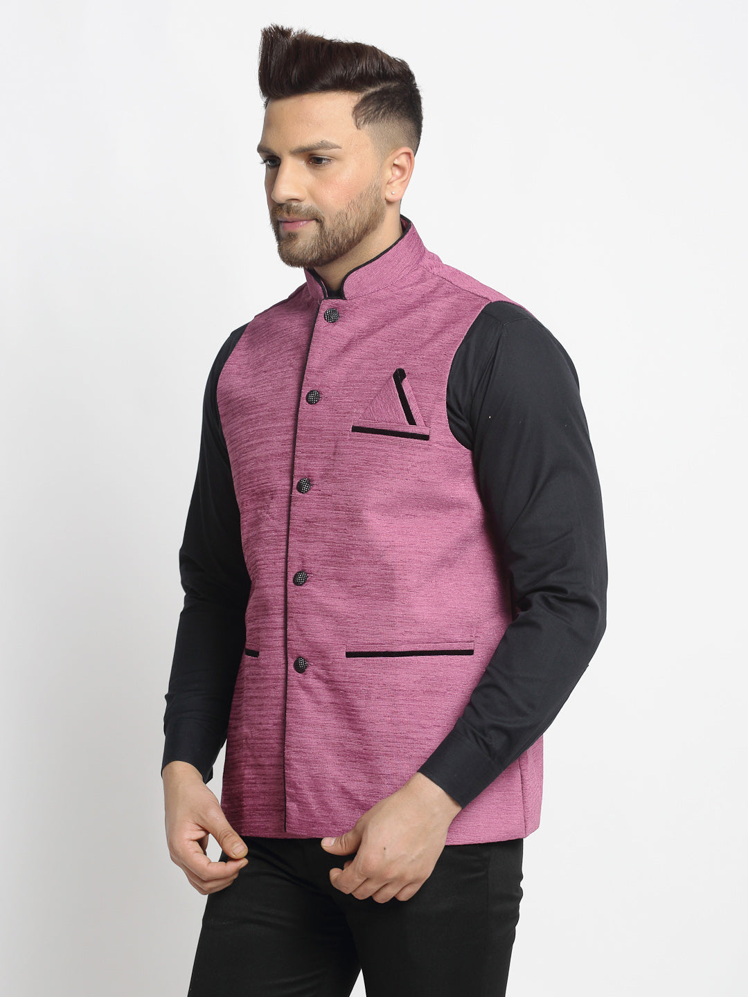 Jompers Men's Purple Solid Nehru Jacket with Square Pocket