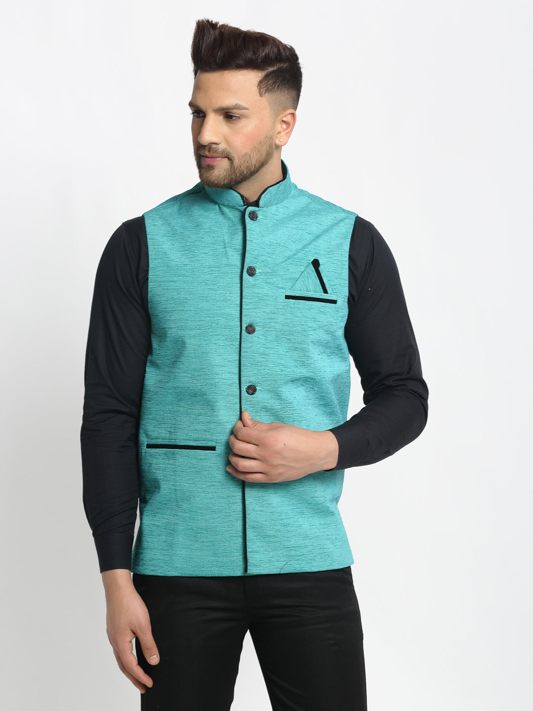 Jompers Men's Blue Solid Nehru Jacket with Square Pocket