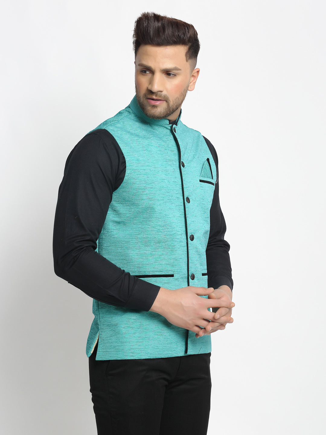 Jompers Men's Blue Solid Nehru Jacket with Square Pocket