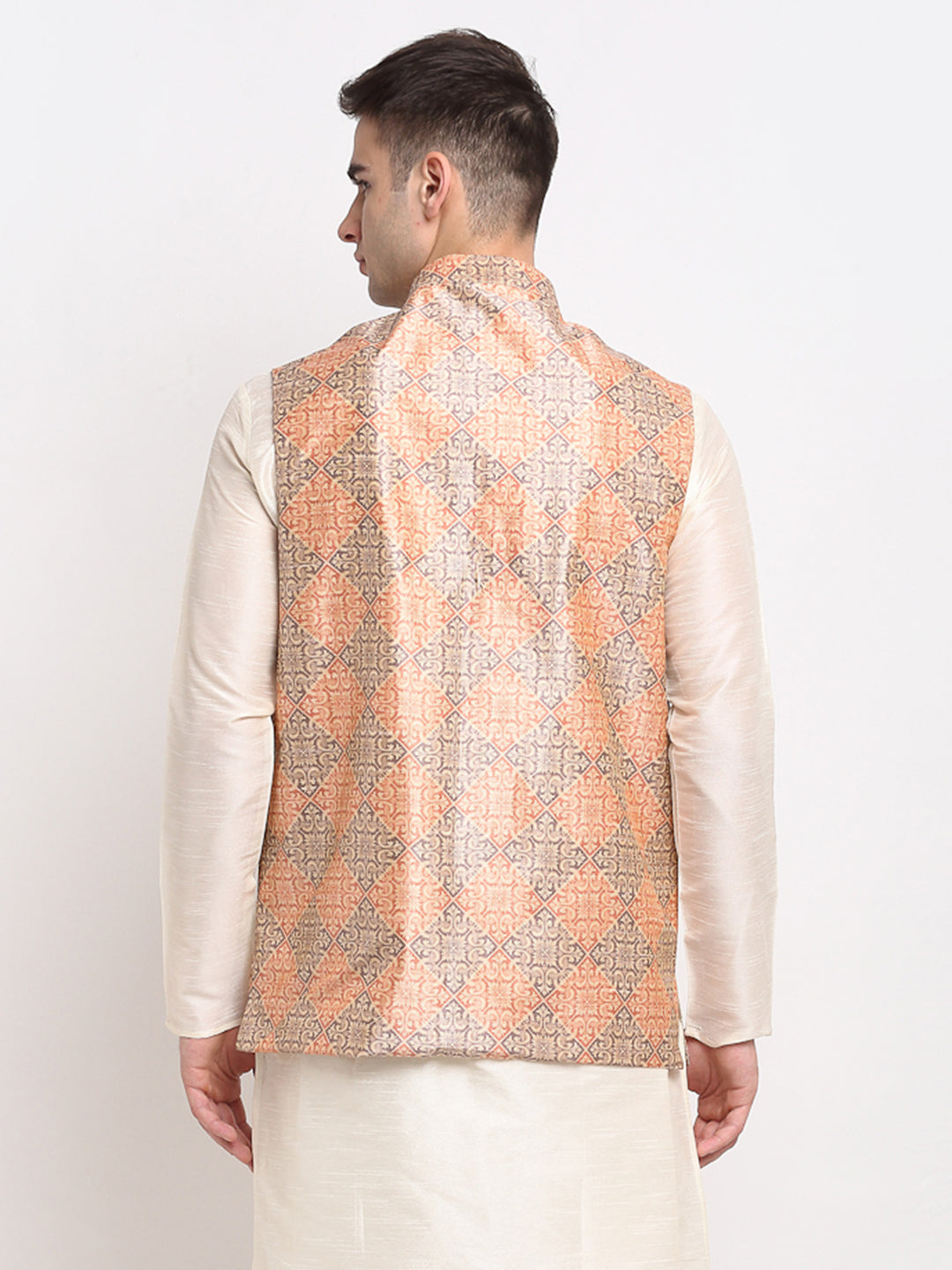 Jompers Men's Peach Digital Printed Peach-Purple Waistcoat