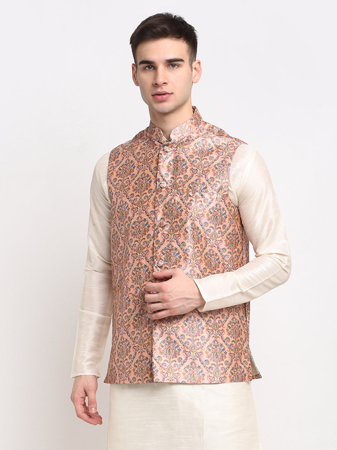 Jompers Men's Peach Digital Printed Peach Waistcoat