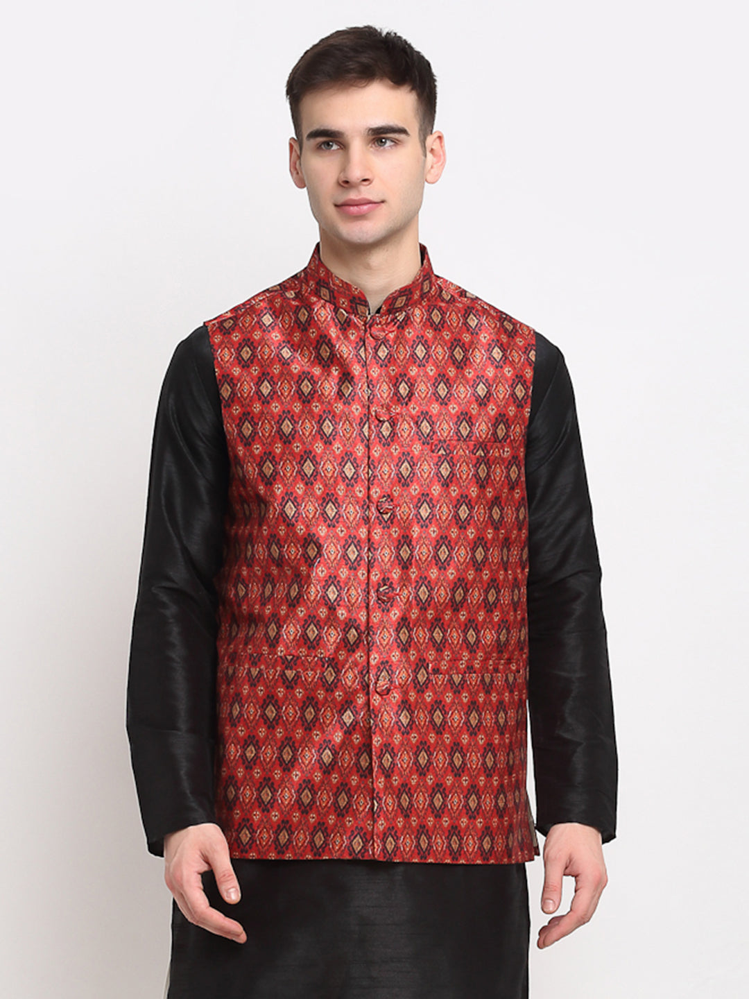 Jompers Men's Red Digital Printed Red Waistcoat
