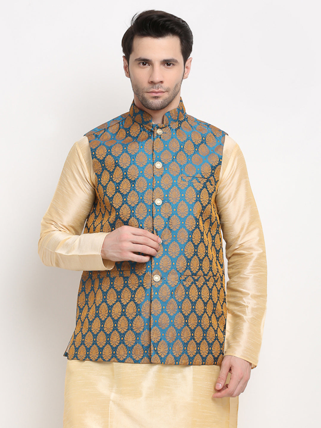 Jompers Men's Blue Self-Designed Blue Waistcoat