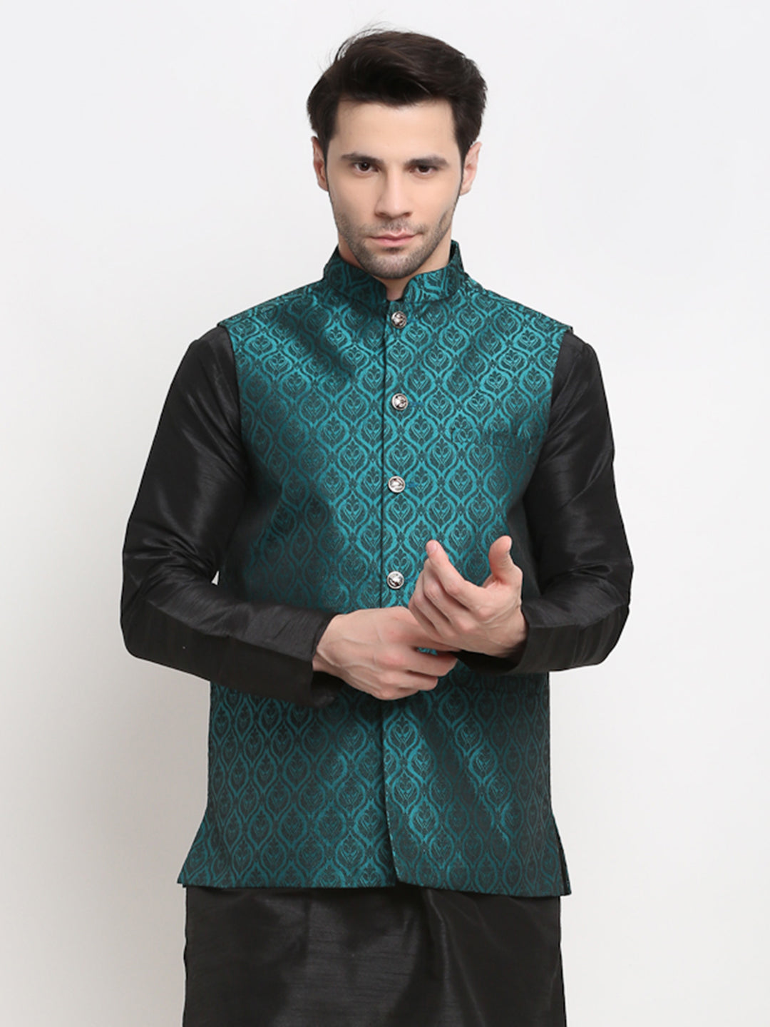 Jompers Men's Green Self-Designed Green Waistcoat