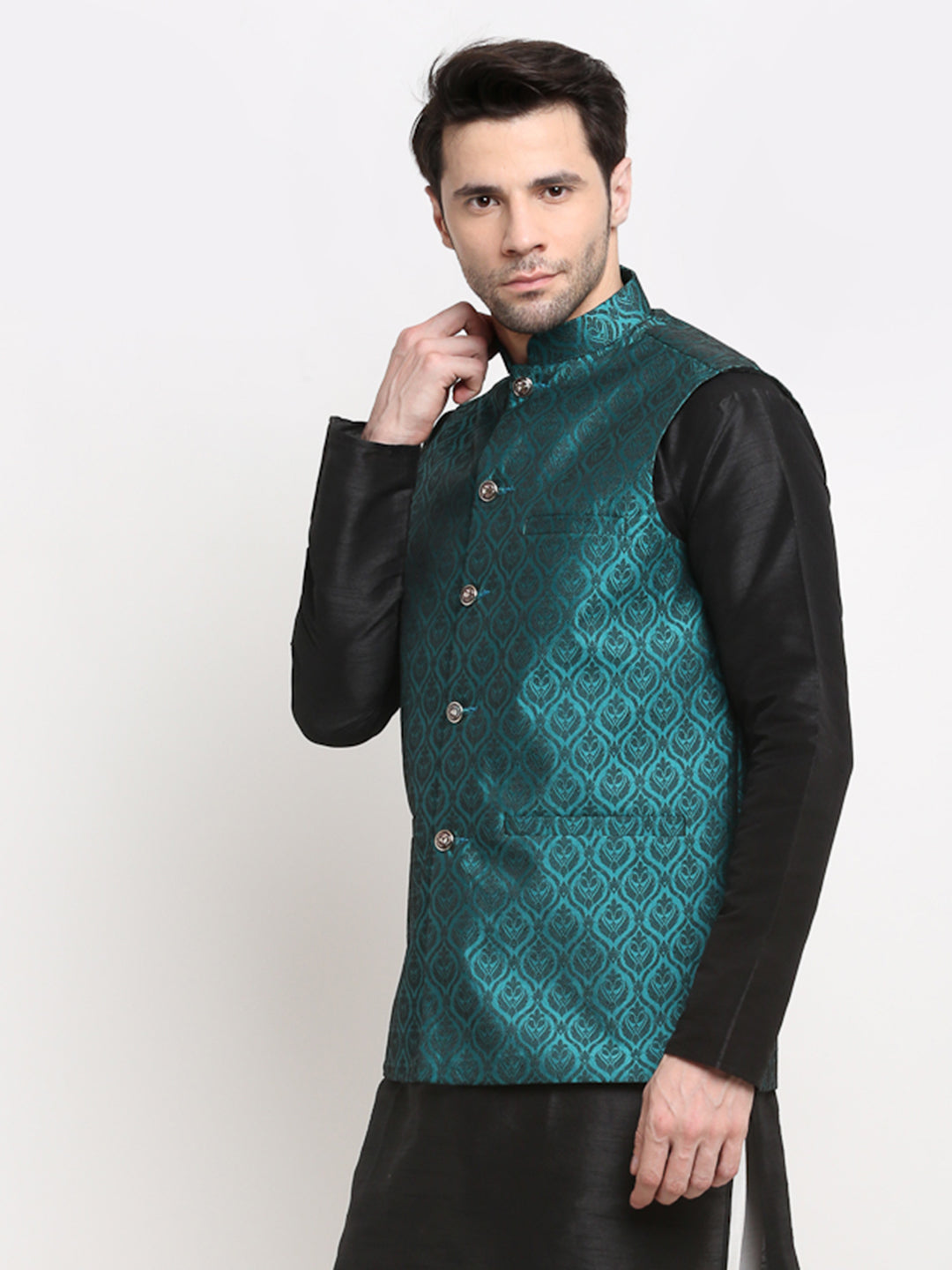 Jompers Men's Green Self-Designed Green Waistcoat