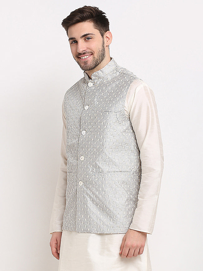 Jompers Men's Grey Grey and White Embroidered Nehru Jacket