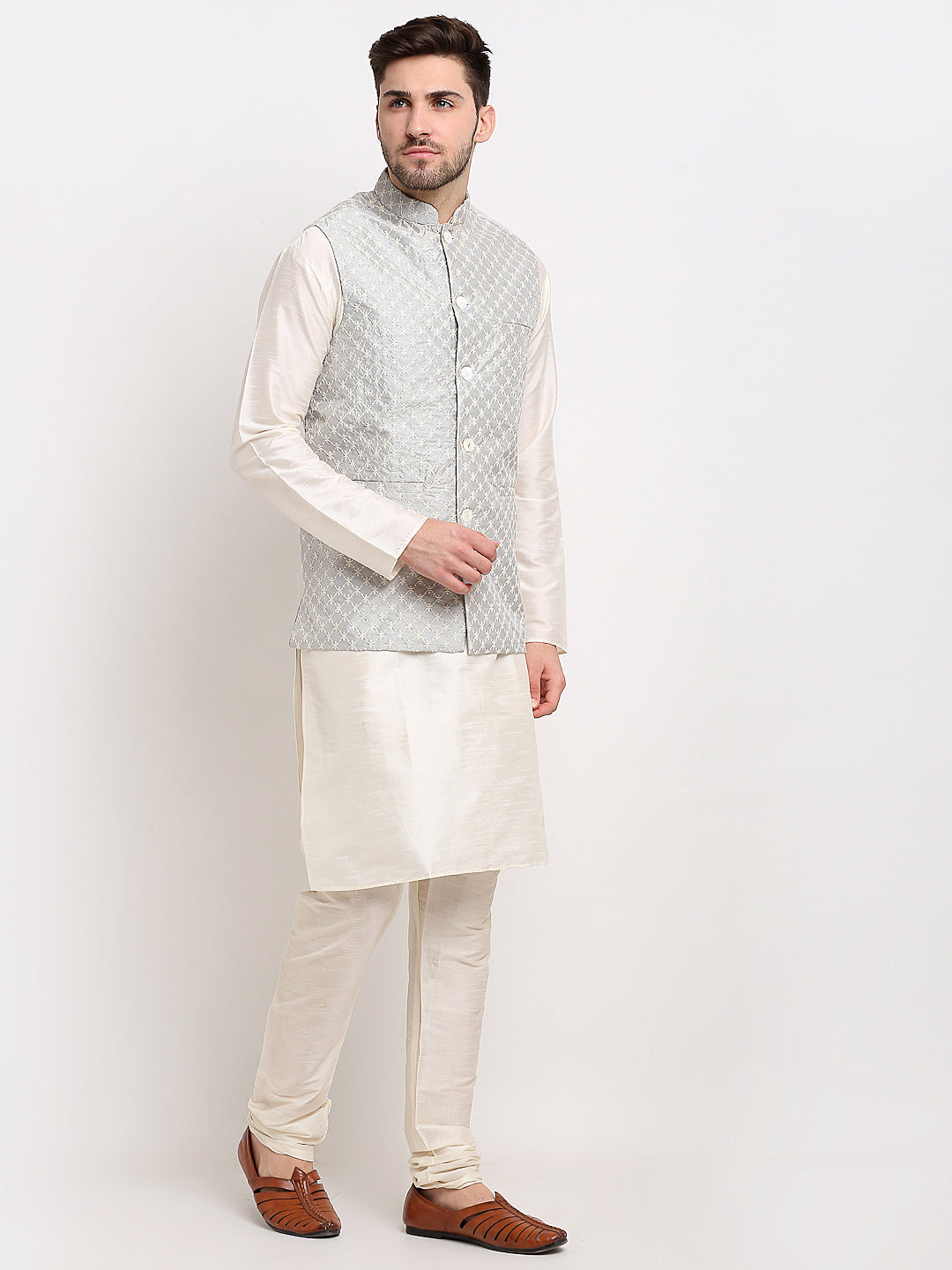 Jompers Men's Grey Grey and White Embroidered Nehru Jacket