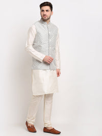 Thumbnail for Jompers Men's Grey Grey and White Embroidered Nehru Jacket