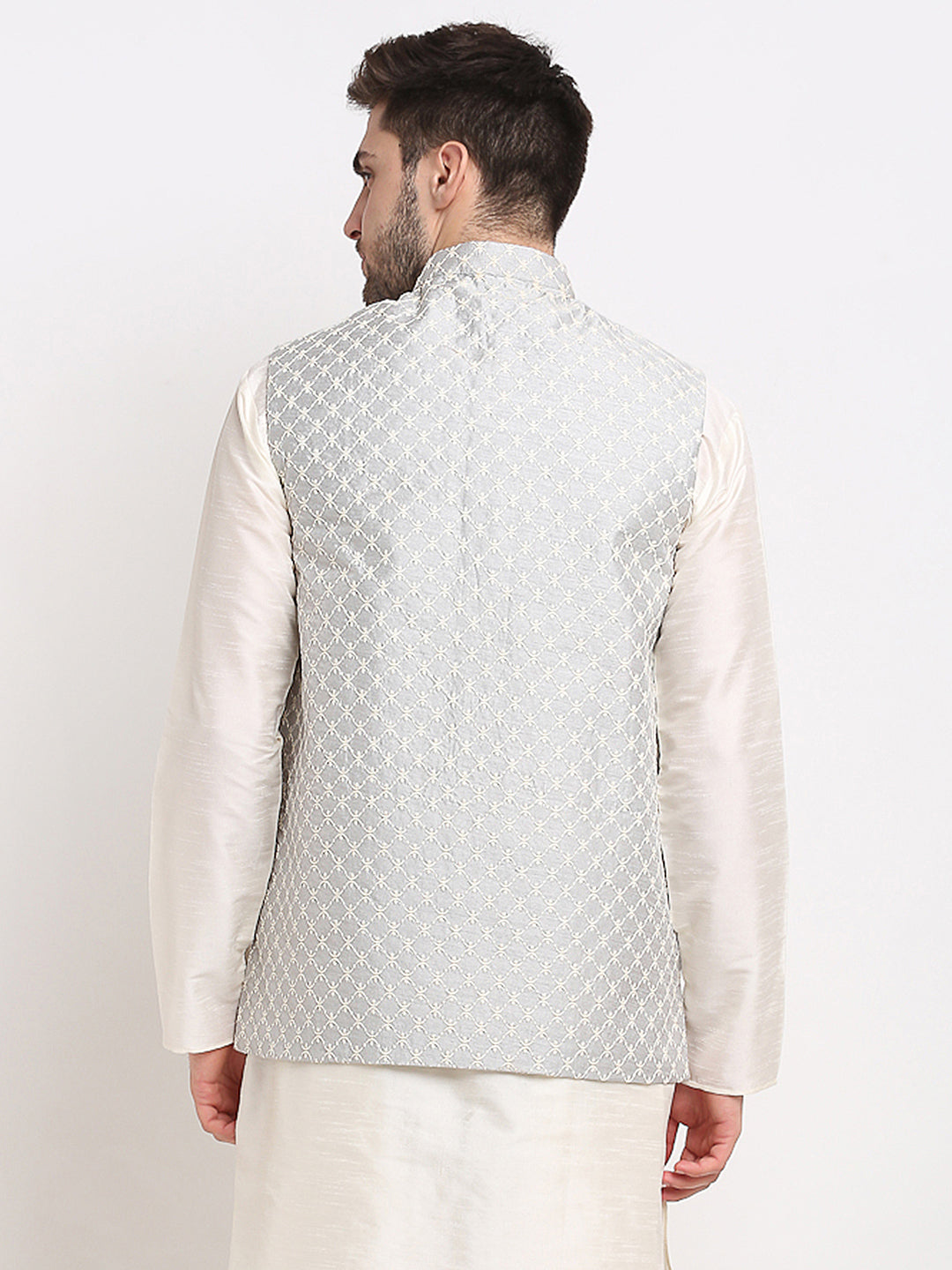 Jompers Men's Grey Grey and White Embroidered Nehru Jacket