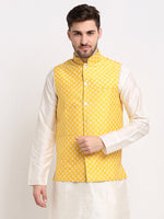 Thumbnail for Jompers Men's Mustard Mustard and White Embroidered Nehru Jacket