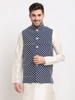 Thumbnail for Jompers Men's Navy Blue Navy Blue and White Embroidered Nehru Jacket