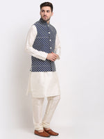 Thumbnail for Jompers Men's Navy Blue Navy Blue and White Embroidered Nehru Jacket