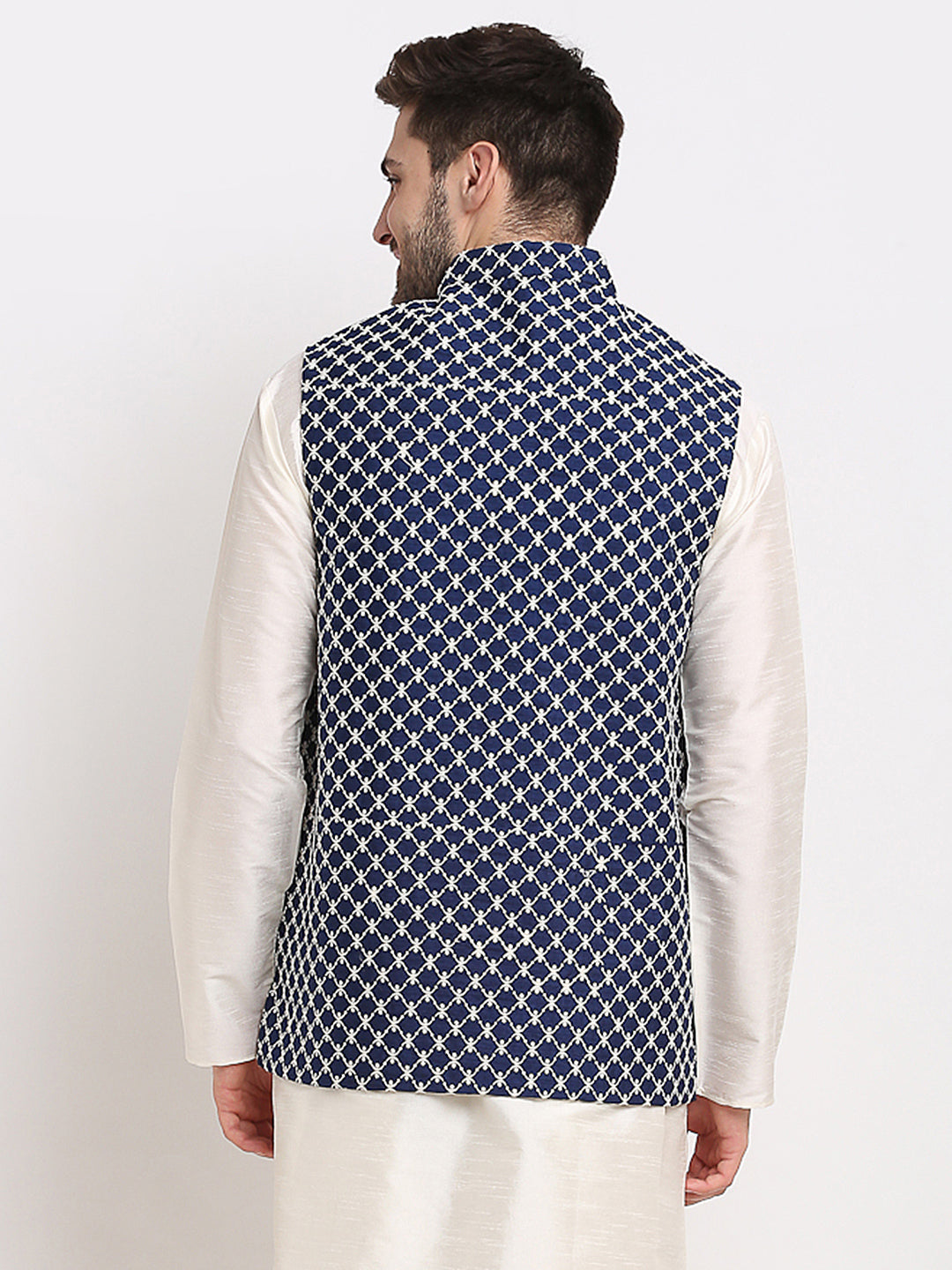 Jompers Men's Navy Blue Navy Blue and White Embroidered Nehru Jacket