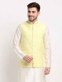 Thumbnail for Jompers Men's Yellow Yellow and White Embroidered Nehru Jacket