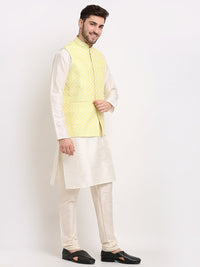 Thumbnail for Jompers Men's Yellow Yellow and White Embroidered Nehru Jacket