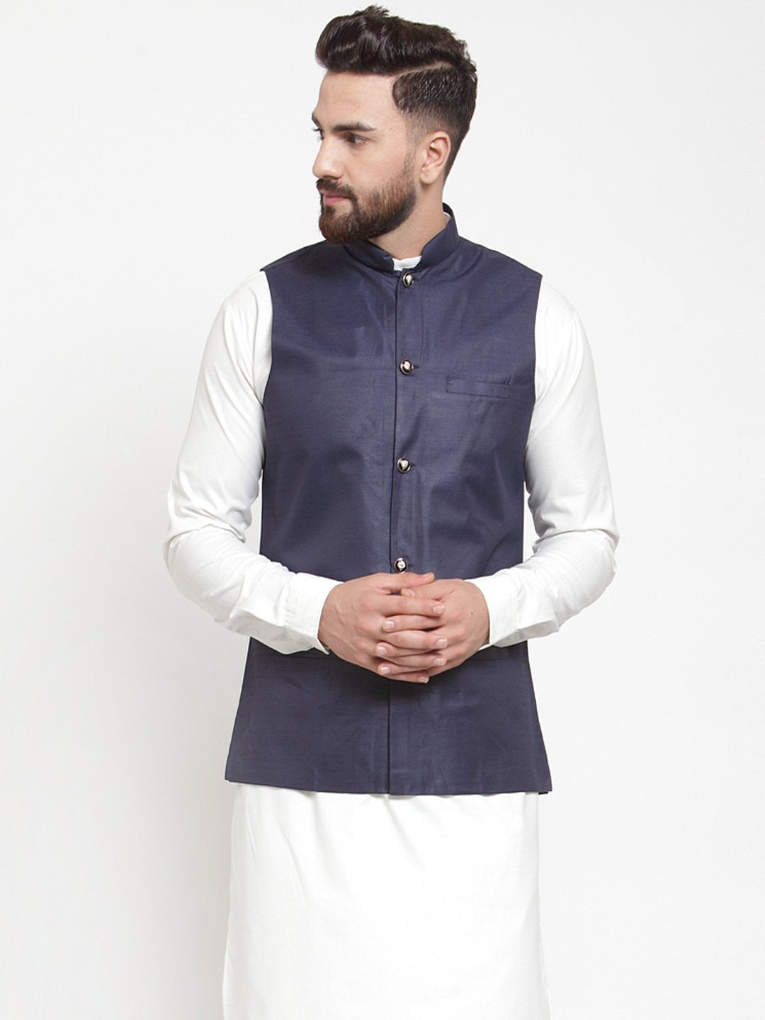 Jompers Men Navy-Blue Solid Nehru Jacket - Distacart
