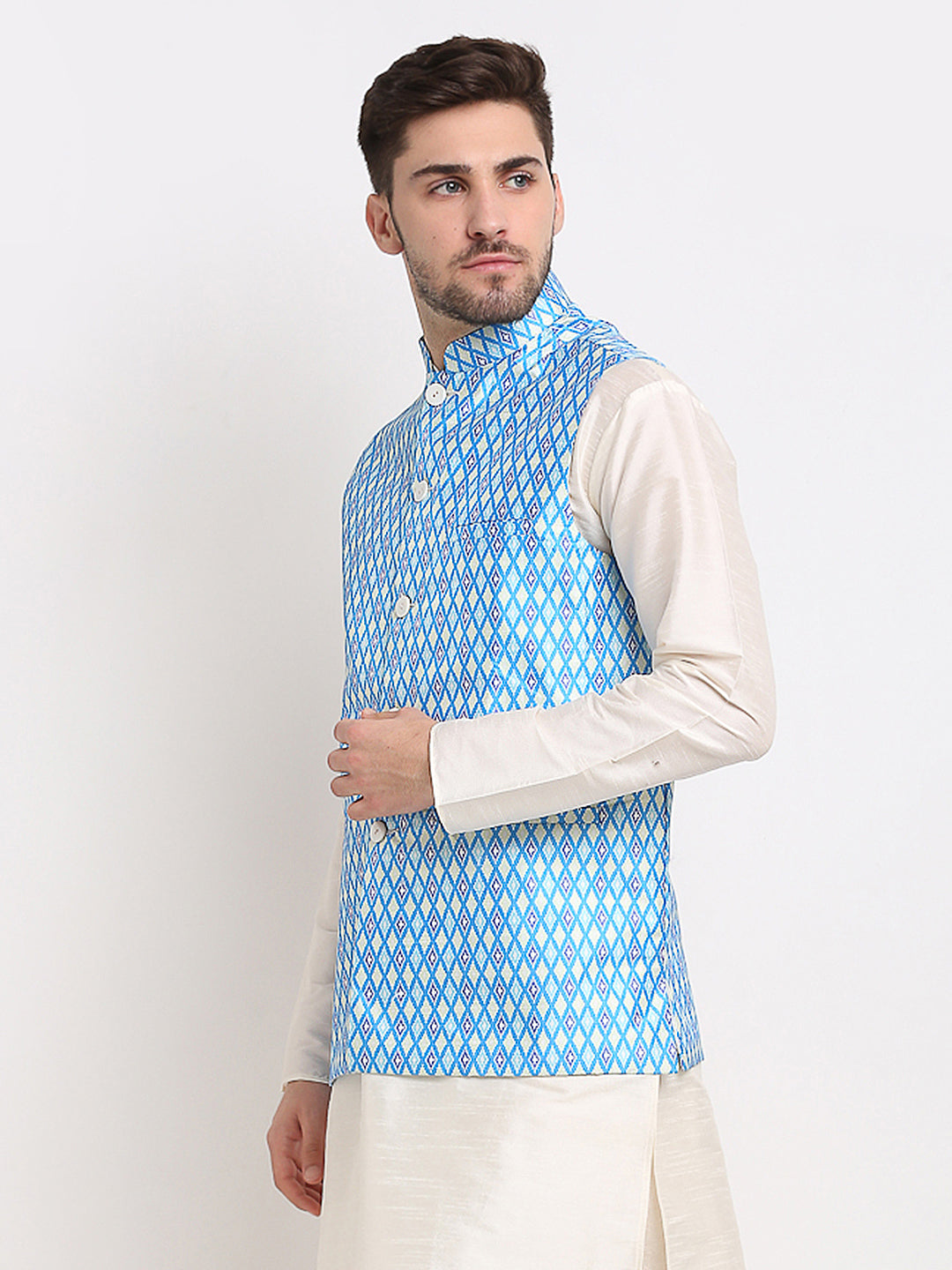 Jompers Men's Blue Ikat Printed Nehru Jacket