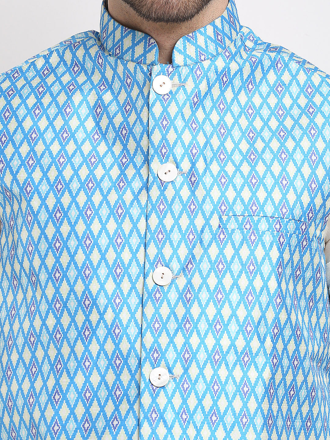 Jompers Men's Blue Ikat Printed Nehru Jacket