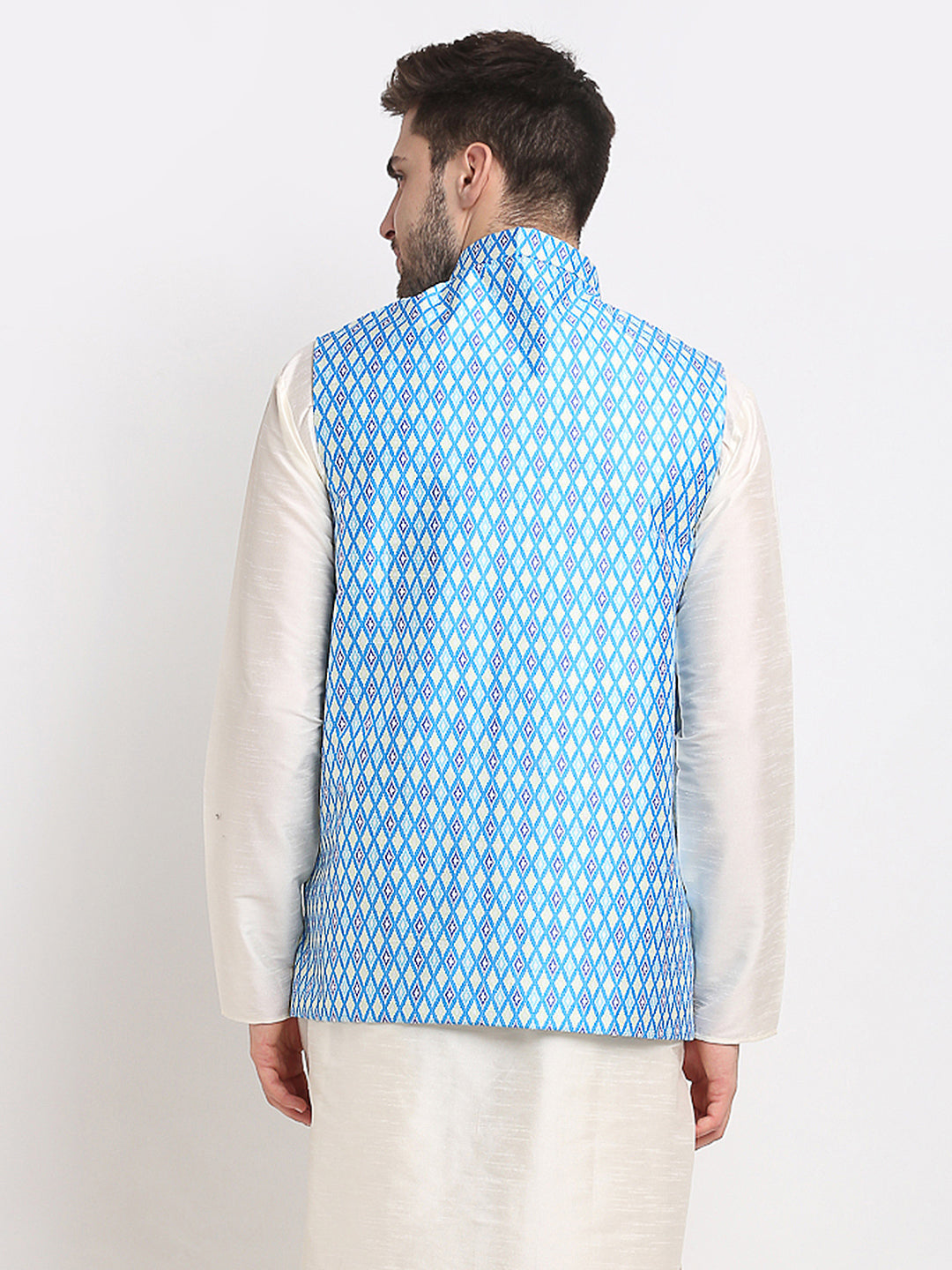 Jompers Men's Blue Ikat Printed Nehru Jacket