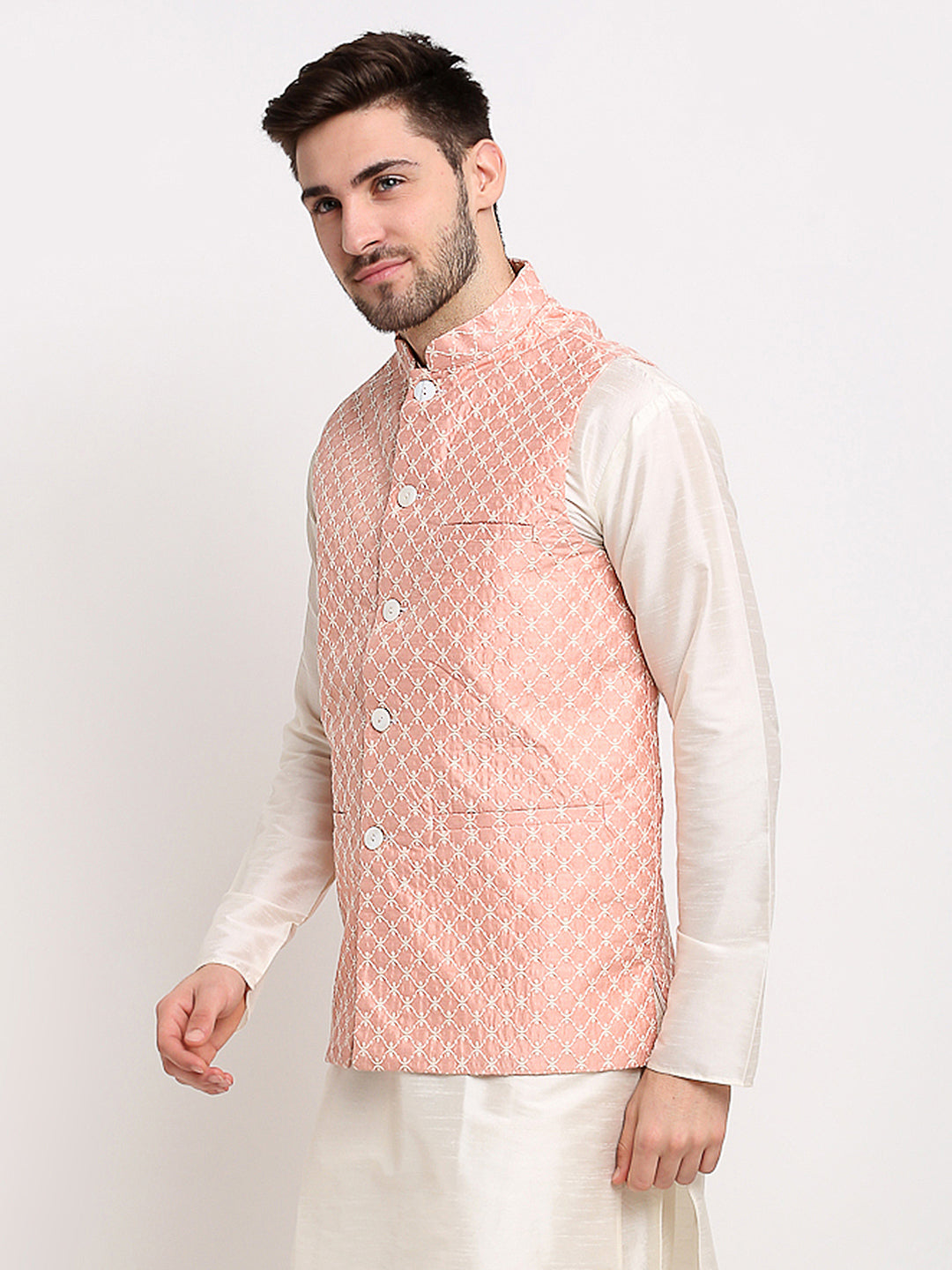 Jompers Men's Peach Peach and White Embroidered Nehru Jacket