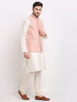 Thumbnail for Jompers Men's Peach Peach and White Embroidered Nehru Jacket