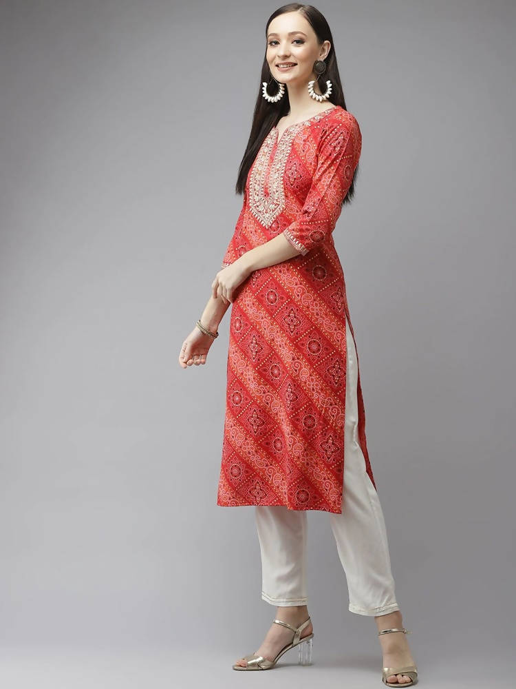 Yufta Women Red Bandhani Printed Regular Gotta Patti Kurta with Palazzo & With Dupatta