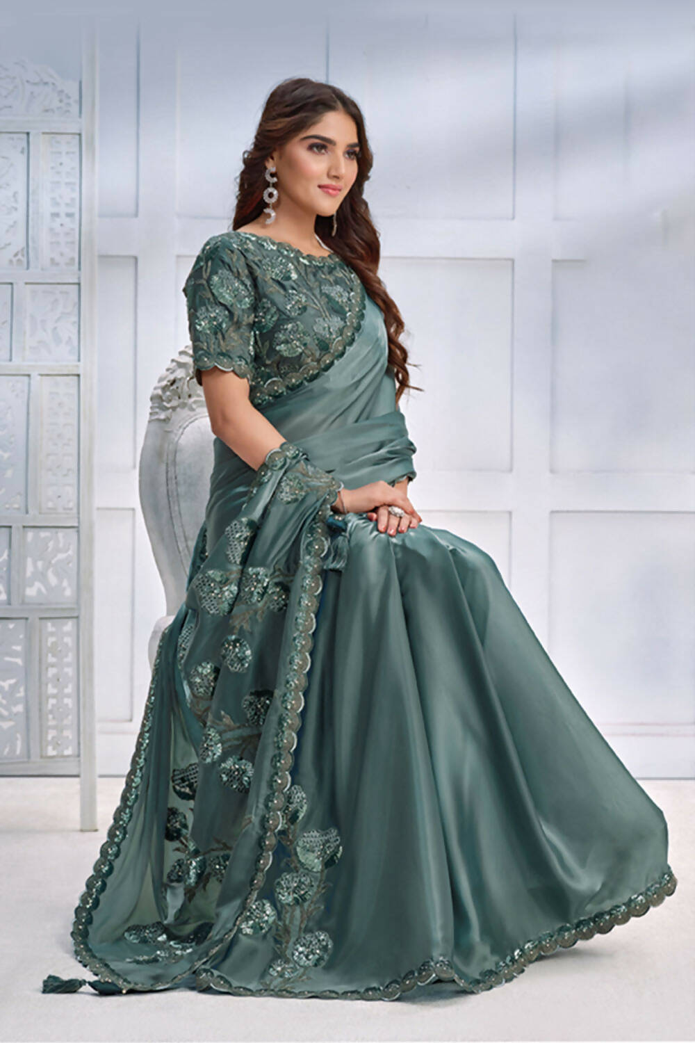 Sea Green Crepe satin silk Cord & Sequence Embroidered with Stone work Saree - Mohmanthan Majestica - Distacart