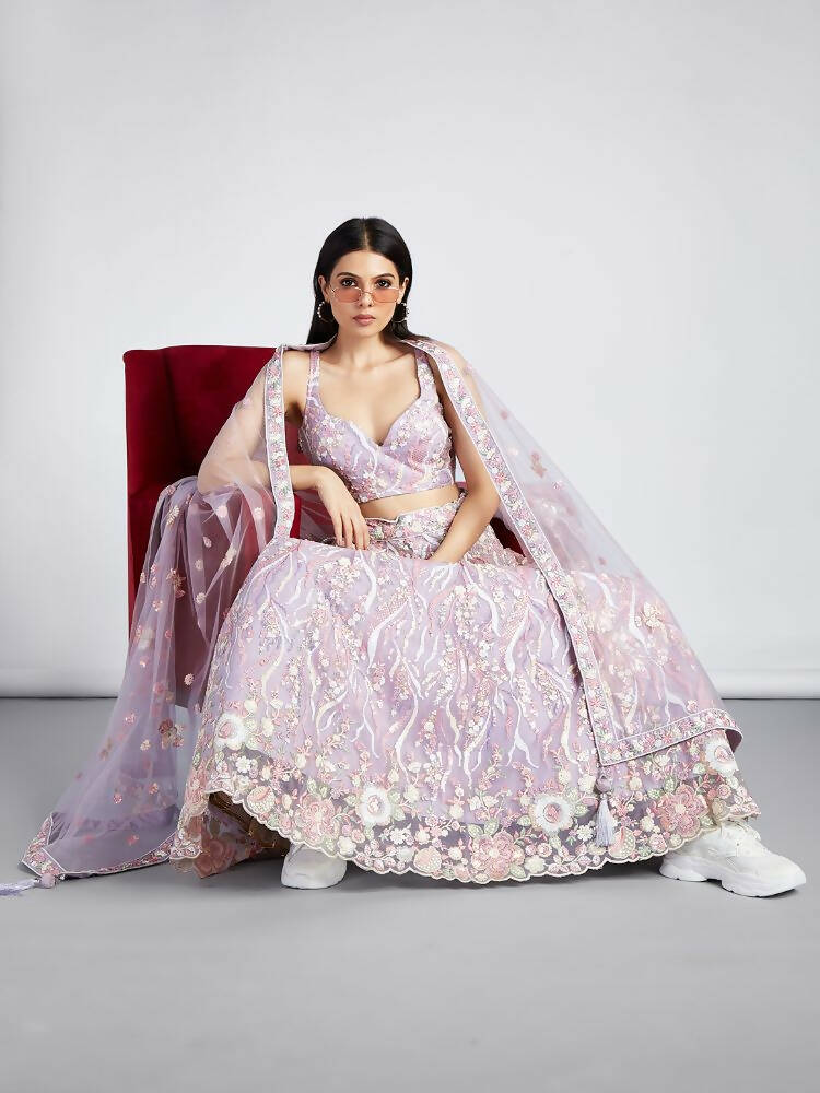 House of Panchhi Mauve Net Sequins And Thread Embroidery Lehenga Choli & Dupatta - Distacart
