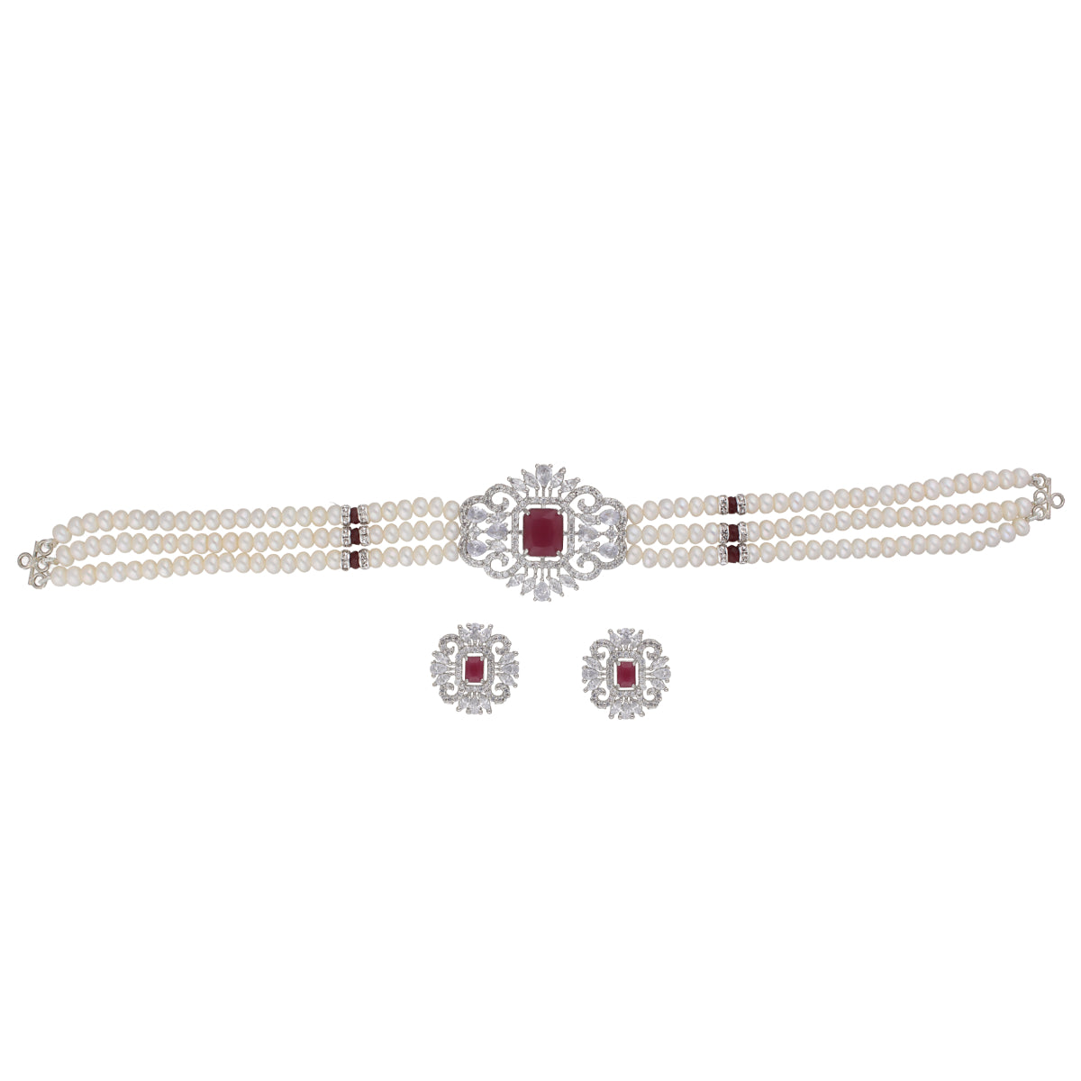 J Pearls Jabala 3 Lines Button Choker Set - Real Pearl Jewelry - Distacart