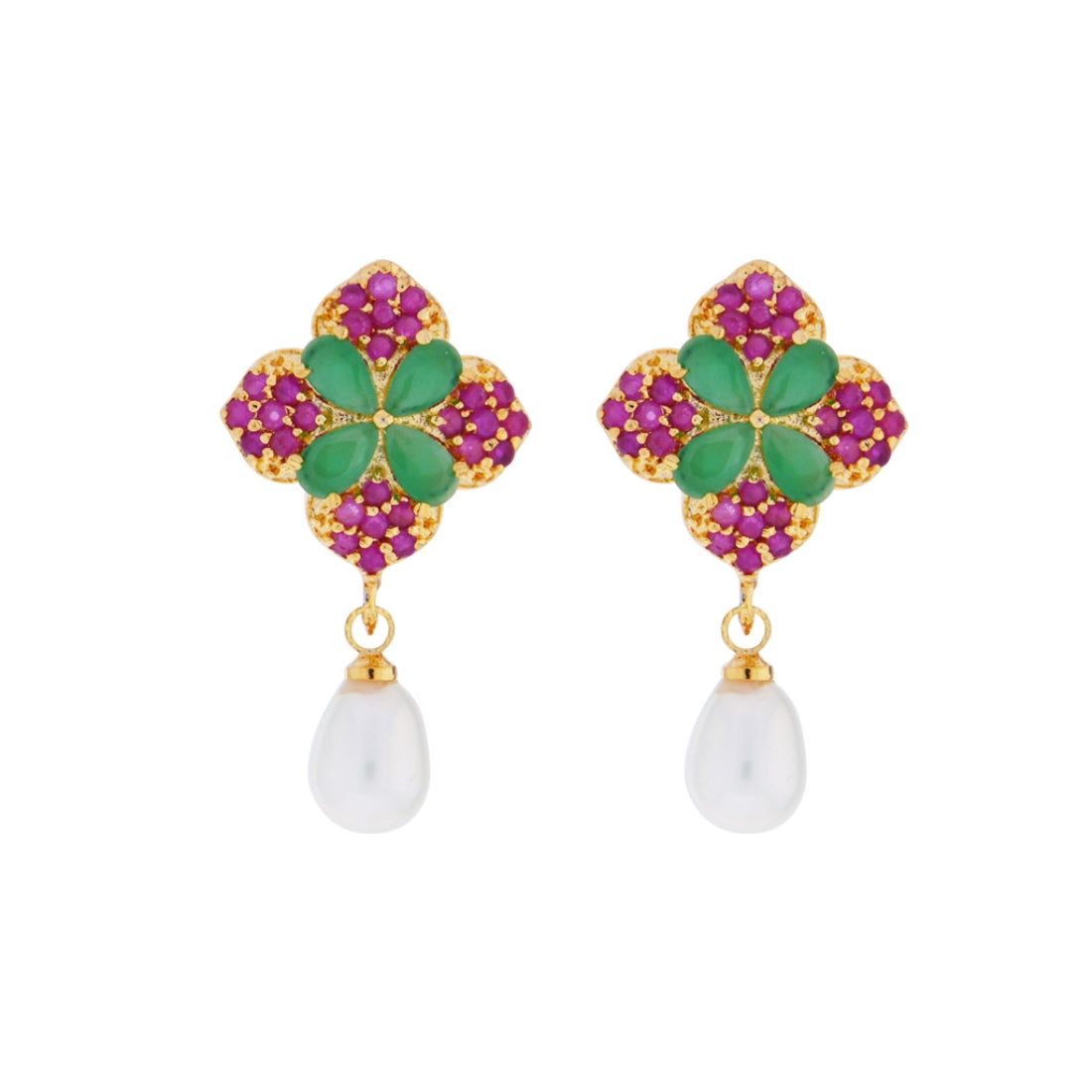 J Pearls Ruby Emerald Semi Precious Stone Drop Earrings - Real Pearl Jewelry - Distacart