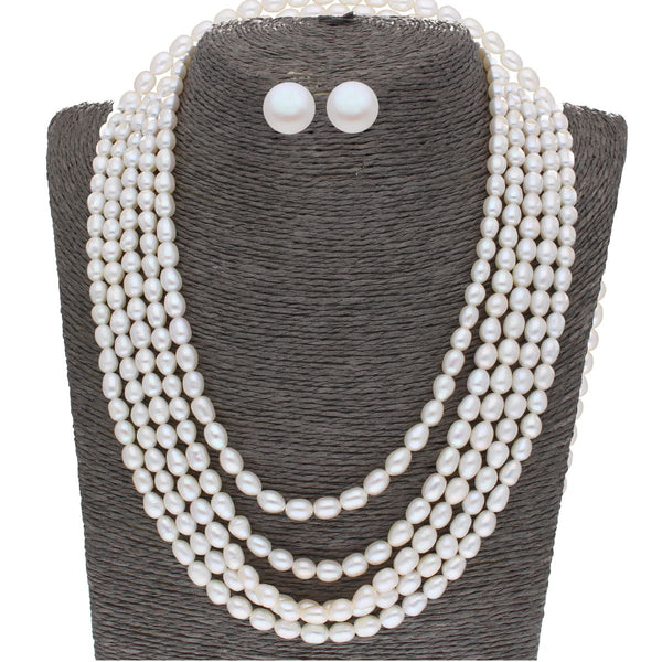 J Pearls 5 Line Plain Oval Pearl Set - Real Pearl Jewelry - Distacart