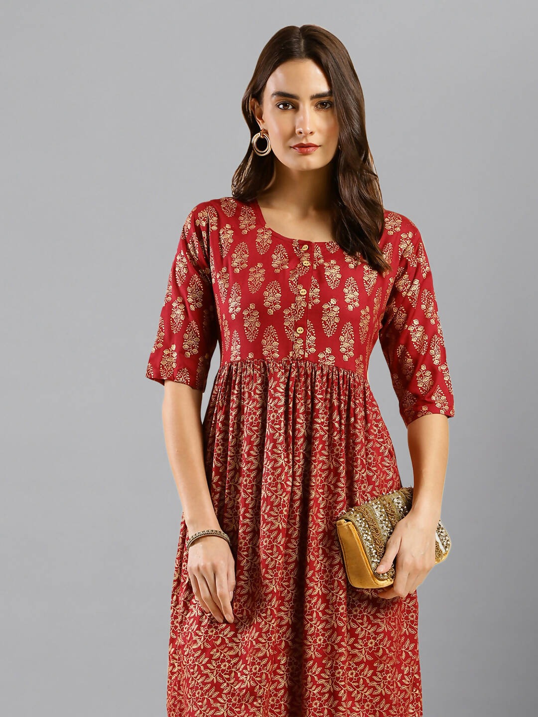 Red Cotton Ethnic Motifs Aline Dress - Poonam - Distacart