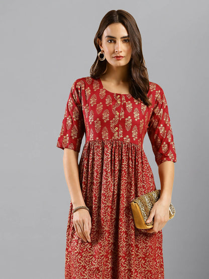 Red Cotton Ethnic Motifs Aline Dress - Poonam - Distacart