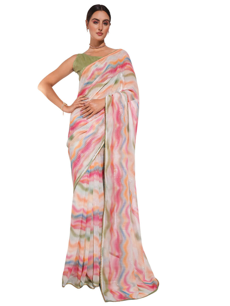 Pink Georgette Sequence Embroidery Saree With Unstitched Blouse Piece - Rajal - Distacart
