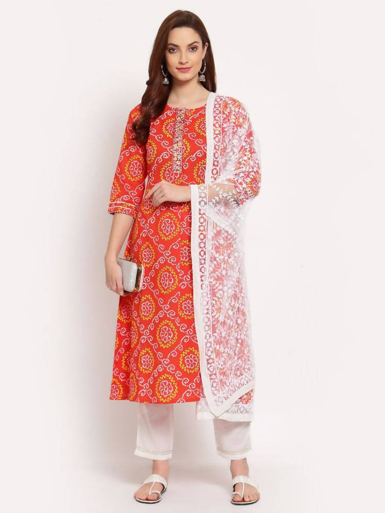 Myshka Women's Orange Printed Cotton 3/4 Sleeve Round Neck Casual Kurta Pant Dupatta Set