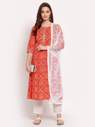 Myshka Women's Orange Printed Cotton 3/4 Sleeve Round Neck Casual Kurta Pant Dupatta Set