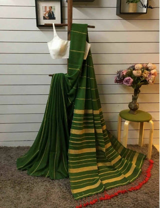 Exclusive Collection Khadi Cotton Handloom Khesh Saree With Blouse Piece - Pesta Green - Distacart