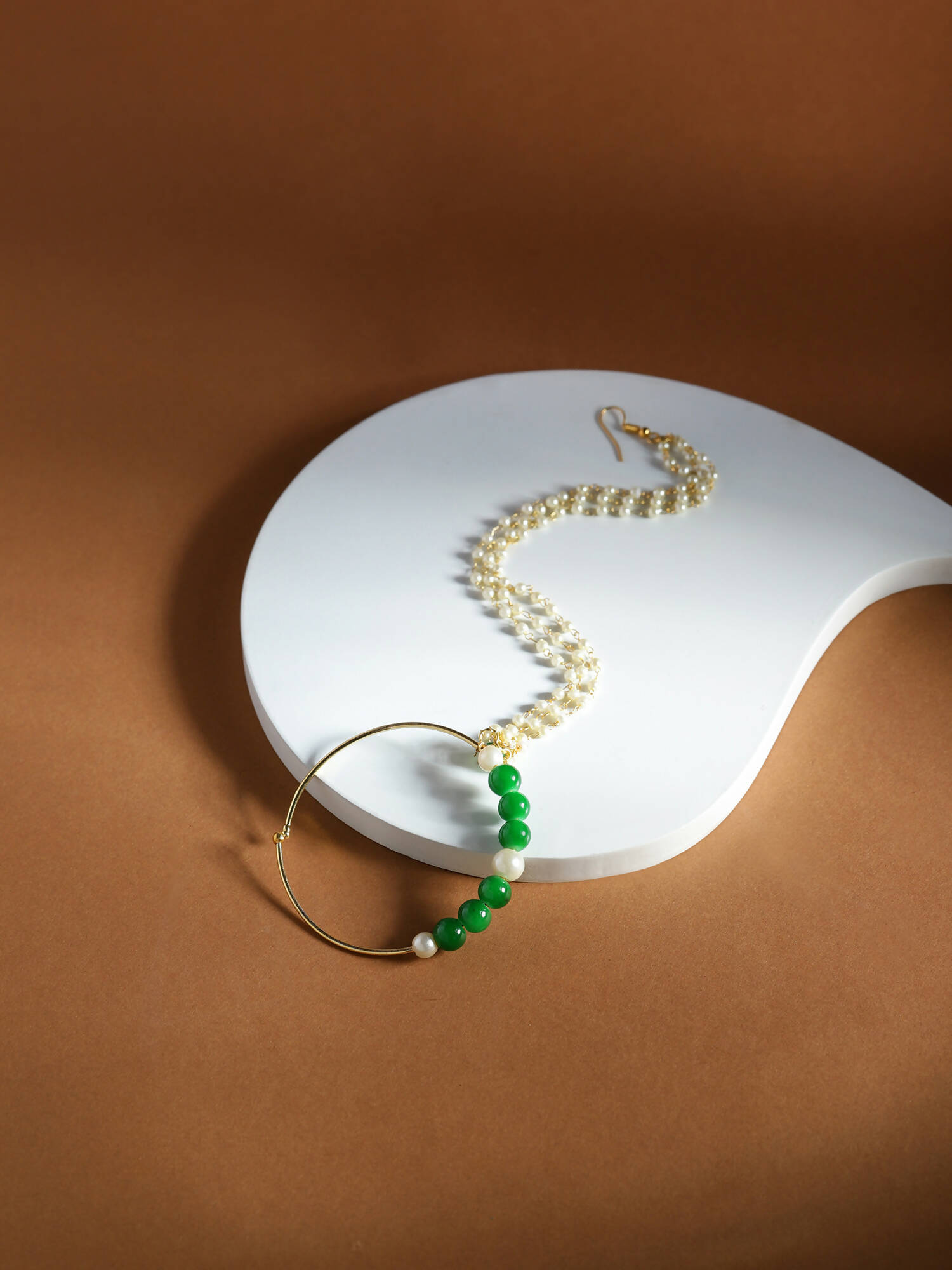 Gold-Plated White Green Stone-Studded Pearl Beaded Nosepin - Ruby Raang - Distacart