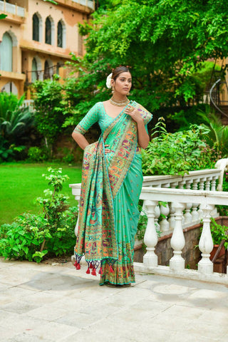 Vishnu Weaves Women's Green Banarasi Silk Kashmiri Woven Saree with Blouse - Distacart