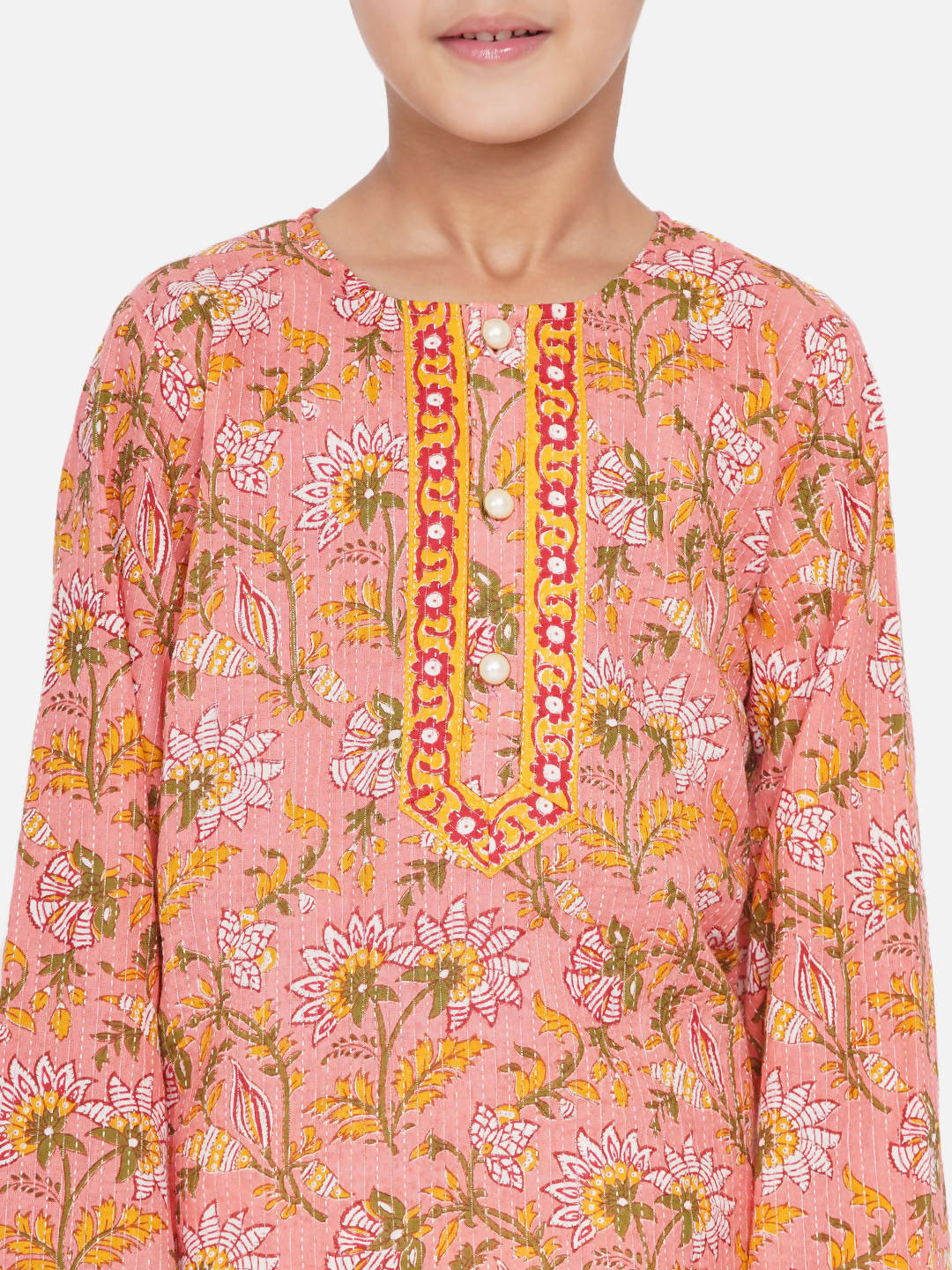 Little Bansi Bengali Kantha work floral kurta with Dhoti - Pink and White