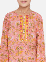 Thumbnail for Little Bansi Bengali Kantha work floral kurta with Dhoti - Pink and White