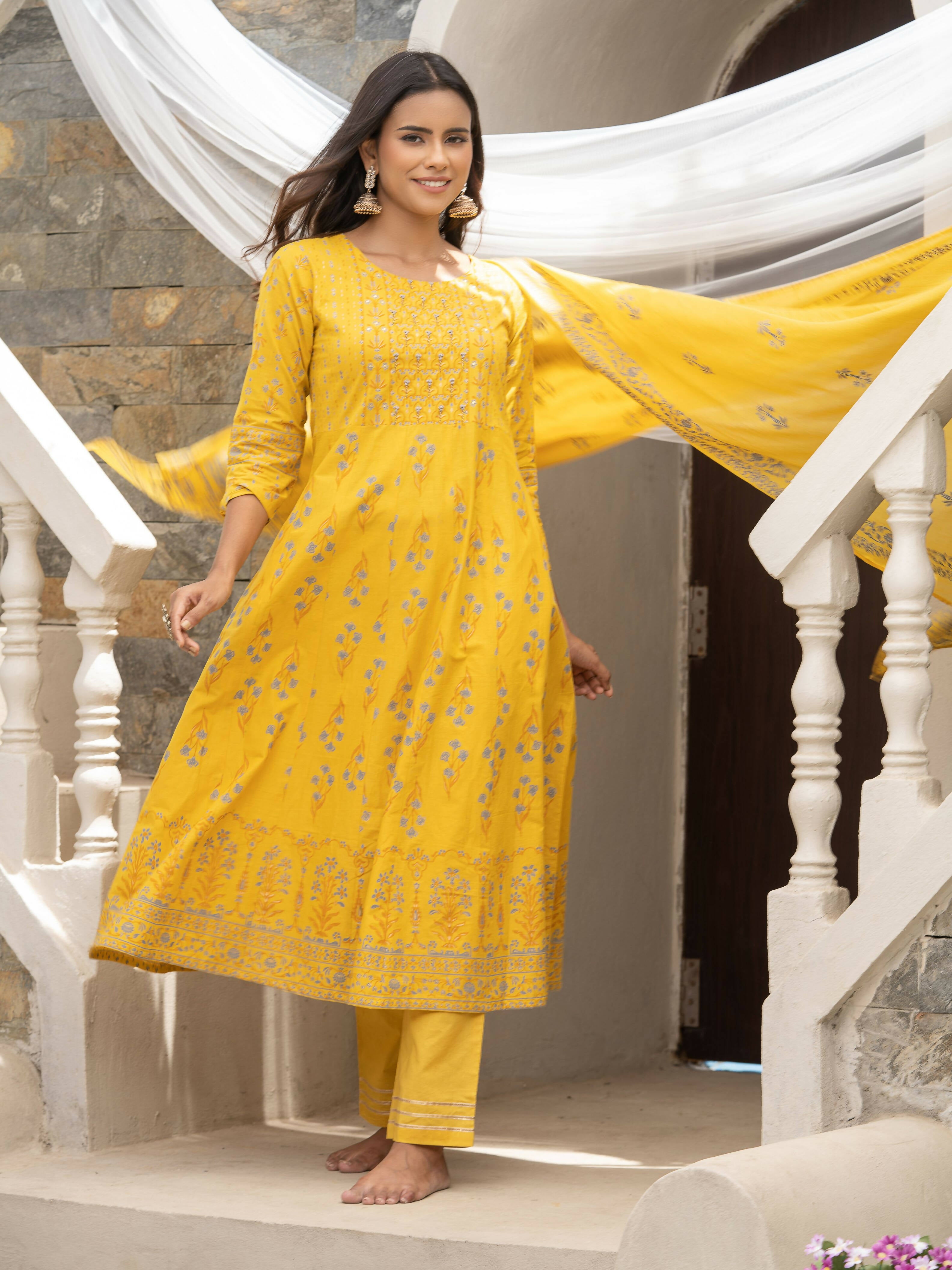 Mustard Cotton Cambric Printed with Sequins work Anarkali Kurta with Pant & Dupatta - Akashara - Distacart