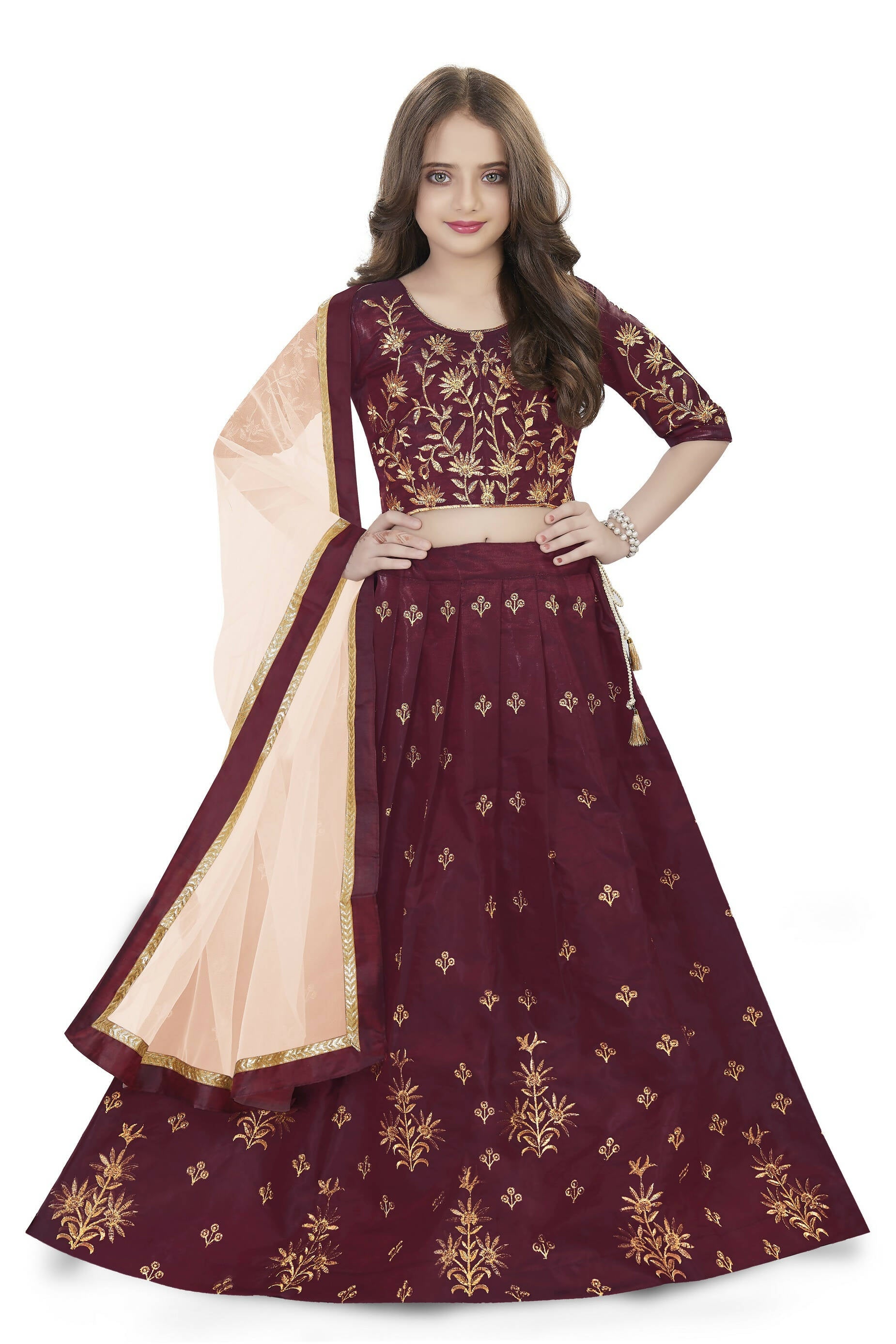 Dwiden Maroon Rohini Tafetta Sattin Semi-Stitched Girl's Lehenga Choli - Distacart