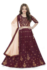 Thumbnail for Dwiden Maroon Rohini Tafetta Sattin Semi-Stitched Girl's Lehenga Choli - Distacart