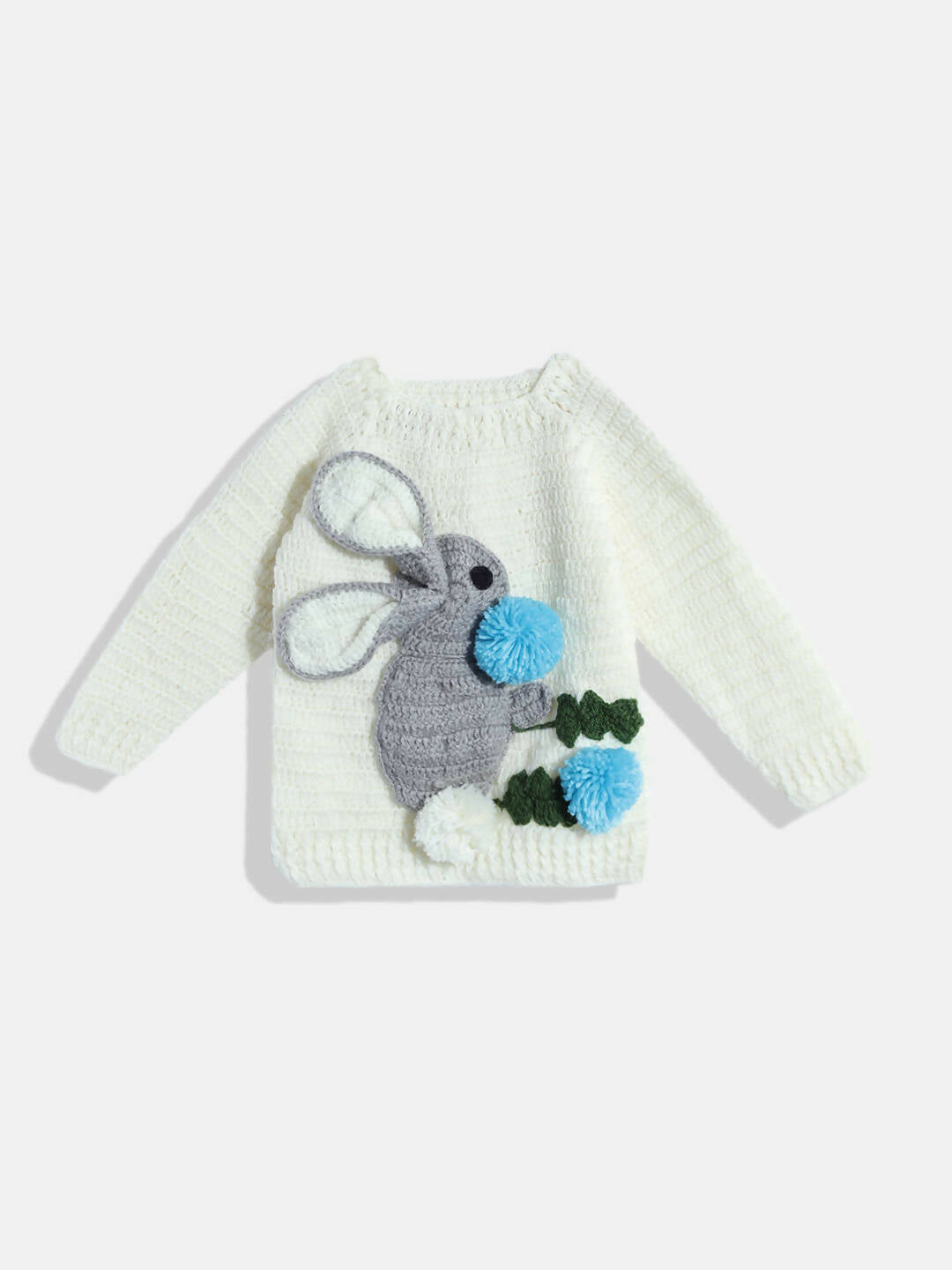 Chutput Kids Woollen Hand Knitted Full Sleeves Bunny Detail Cardigan - Cream - Distacart